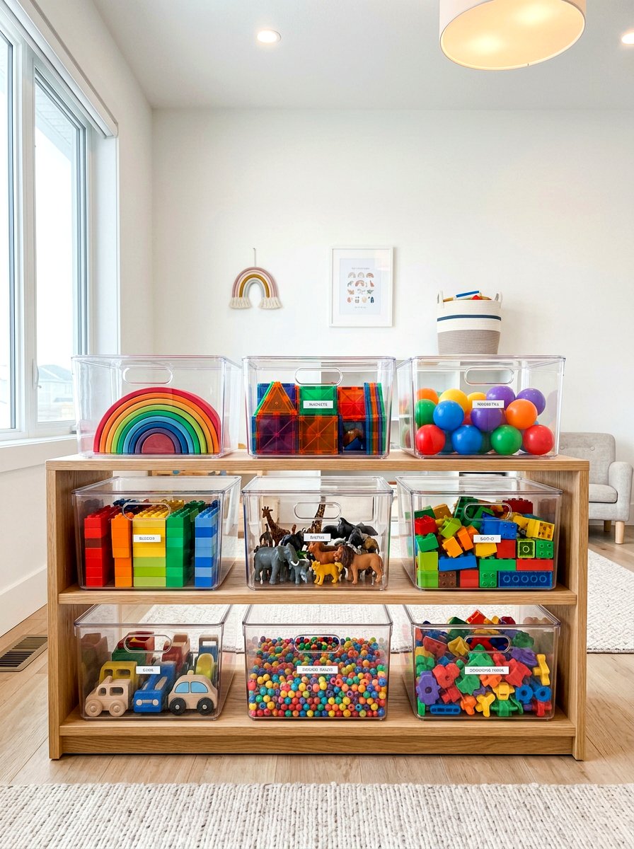 Clear toy sorting bins - 30 Montessori playroom aesthetic ideas