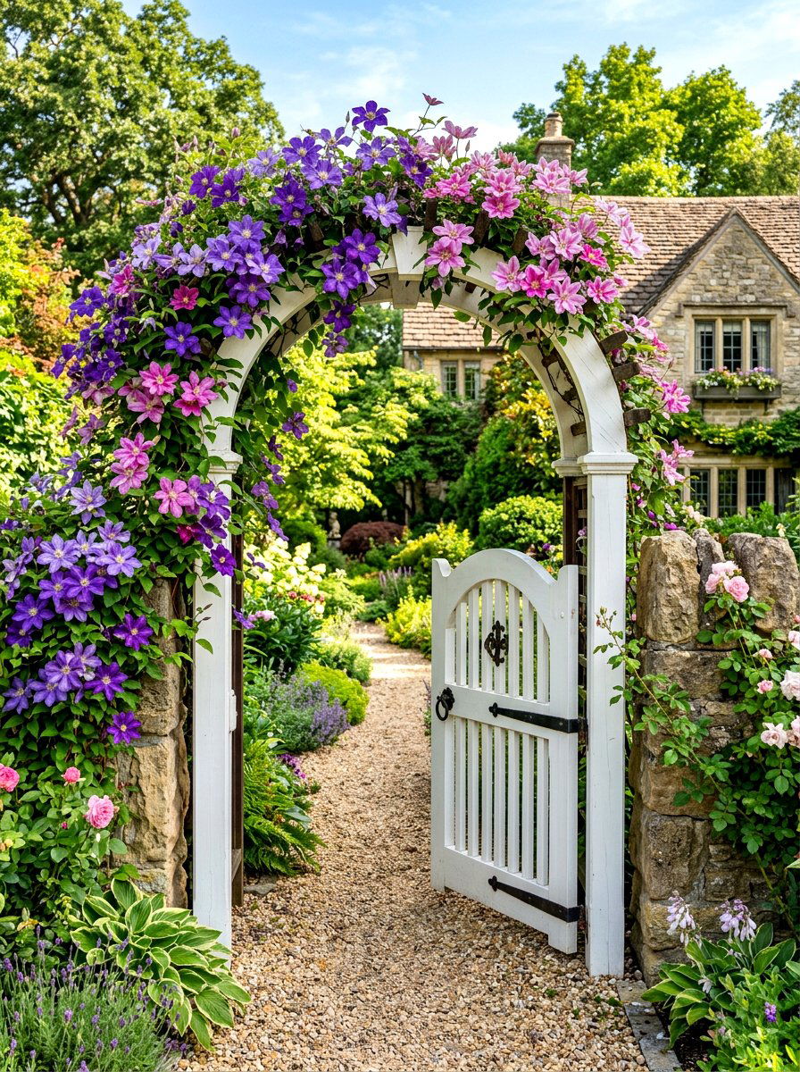 Clematis Draped Entry Gate - 30 climbing archway ideas
