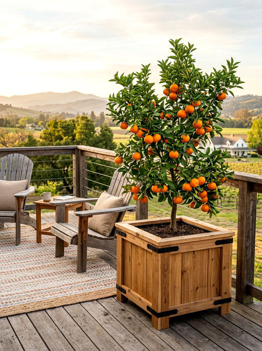 Clementine Tree Wooden Planter Box - 30 citrus patio tree ideas