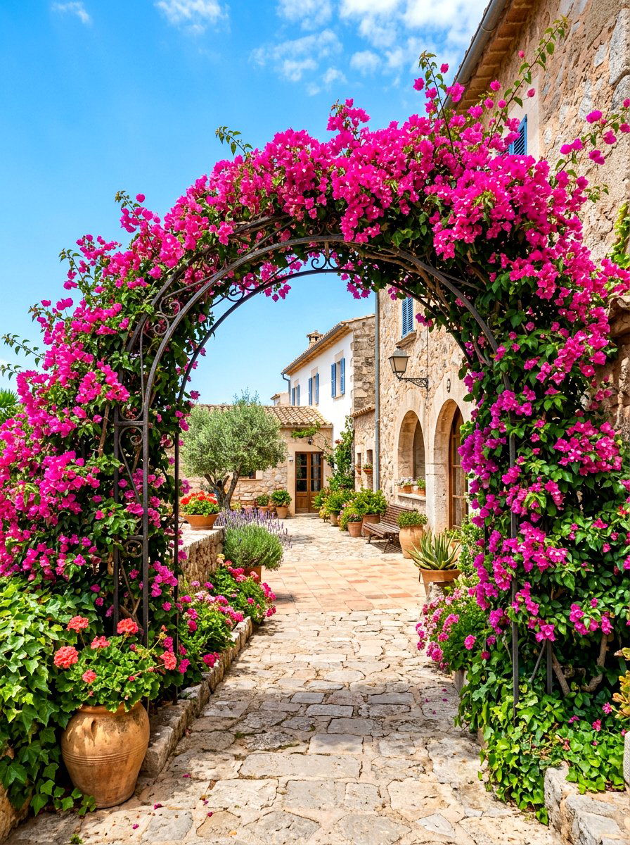 Climbing Bougainvillea Arch - 30 Tuscan courtyard ideas