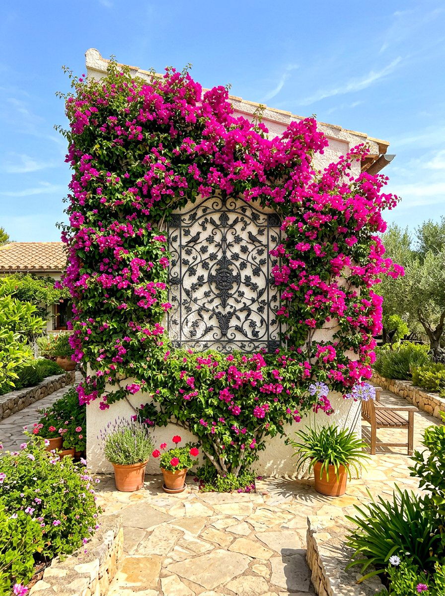 Climbing Bougainvillea Wall - 30 Mediterranean exterior courtyard ideas