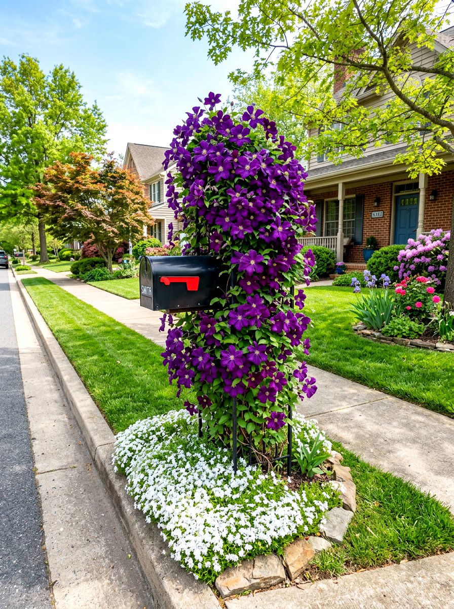 Climbing Clematis Mailbox Trellis - 30 mailbox flower bed ideas