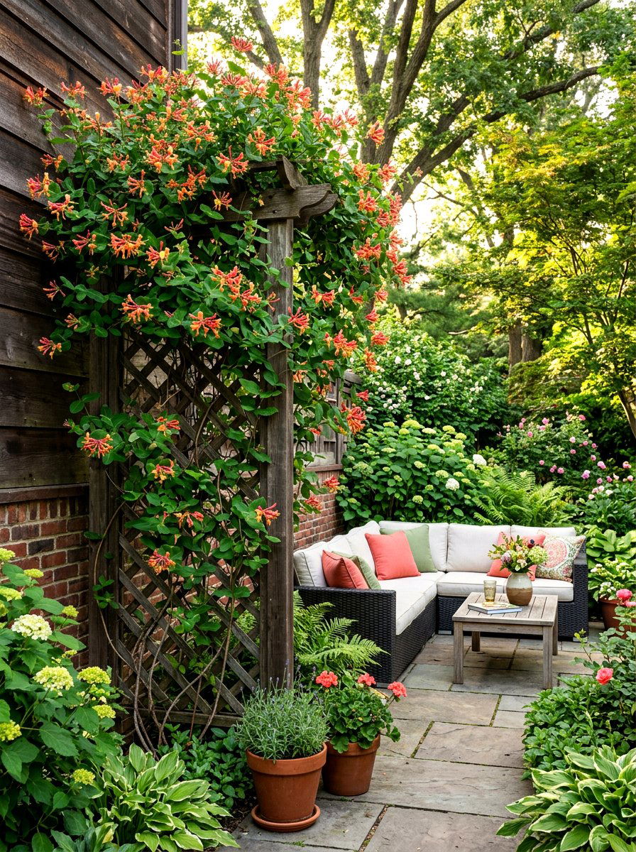 Climbing Honeysuckle Trellis - 30 pollinator patio ideas