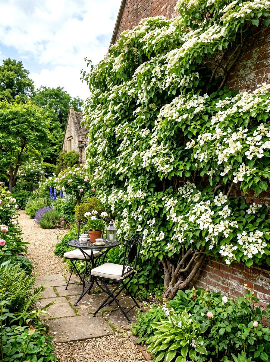 Climbing Hydrangea Wall - 30 shady courtyard garden ideas