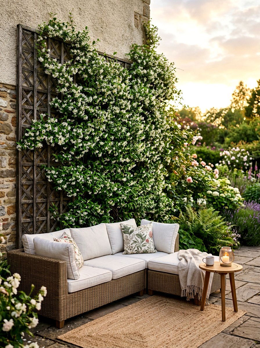 Climbing Jasmine Trellis - 30 Mediterranean patio lounge ideas