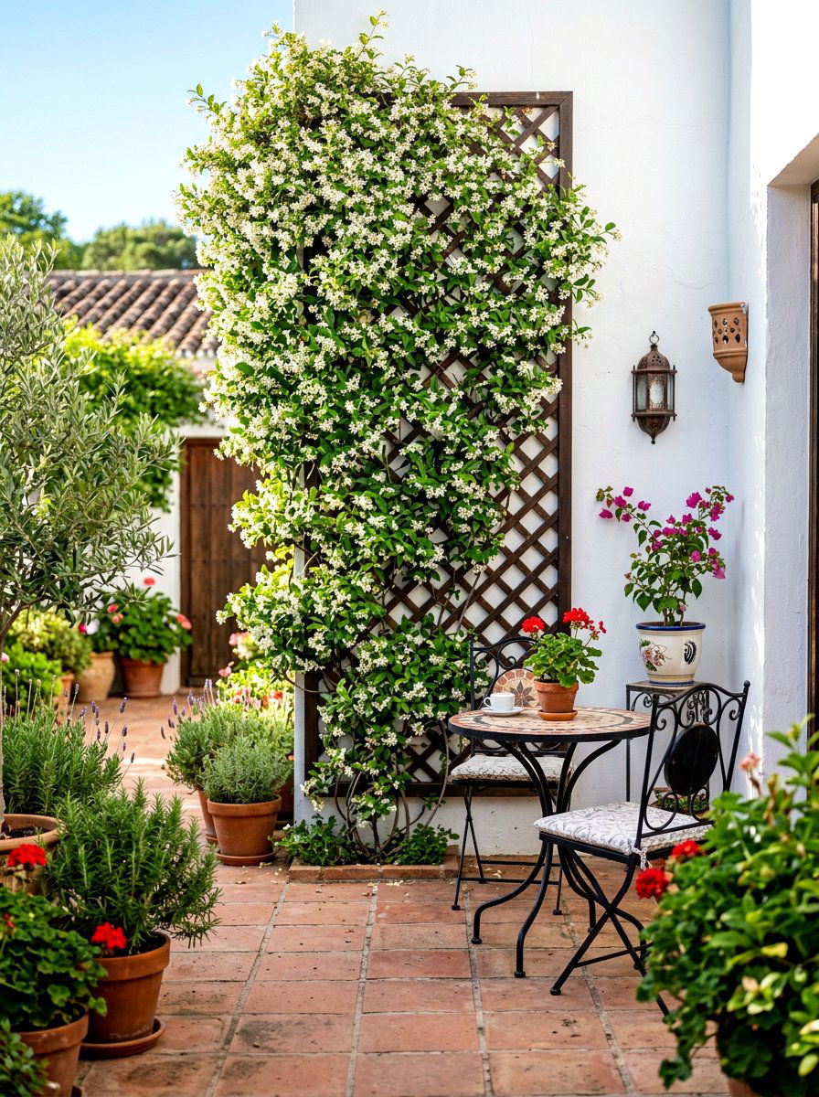 Climbing Jasmine Trellis - 30 Spanish courtyard exterior ideas