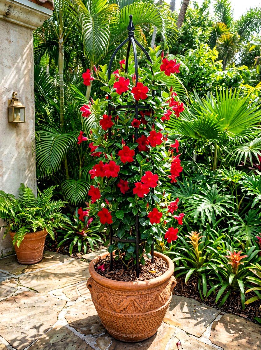 Climbing Mandevilla Vine - 30 sunny container garden ideas