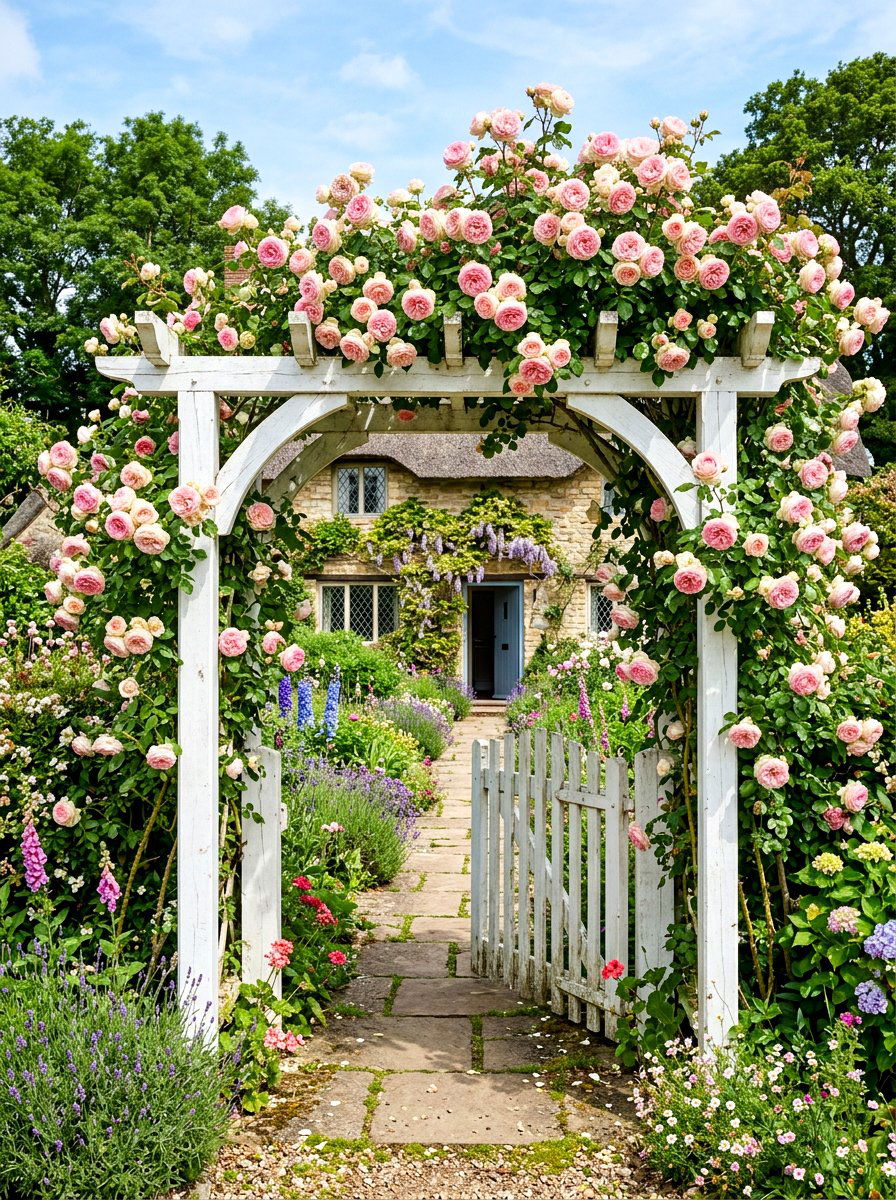 Climbing Pink Rose Entryway - 30 cottage rose arbor ideas
