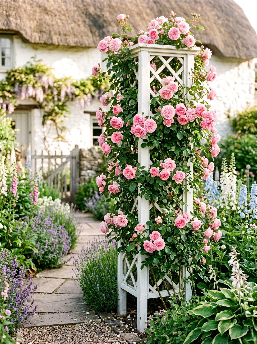 Climbing Rose Column Trellis - 30 porch column planter ideas