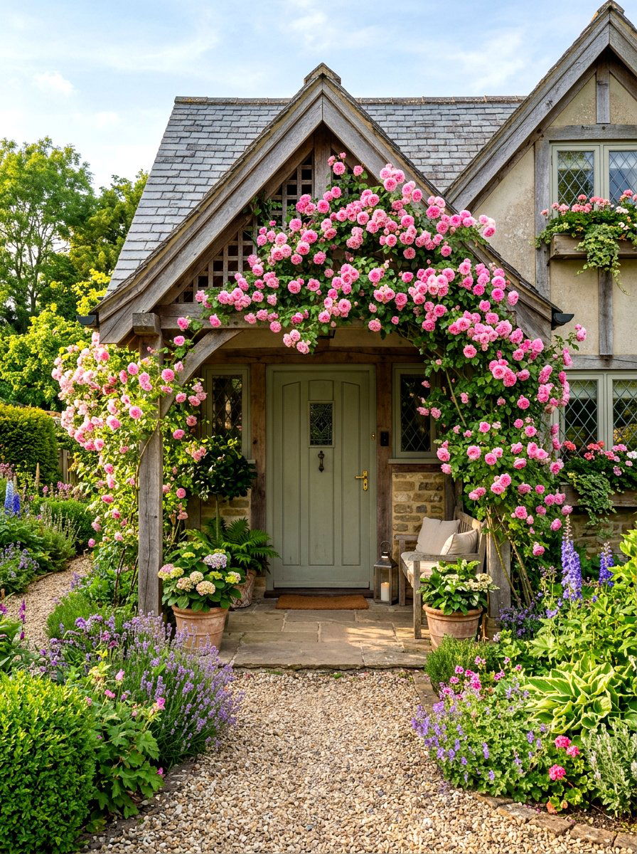 Climbing Rose Front Porch - 30 English cottage front porch ideas