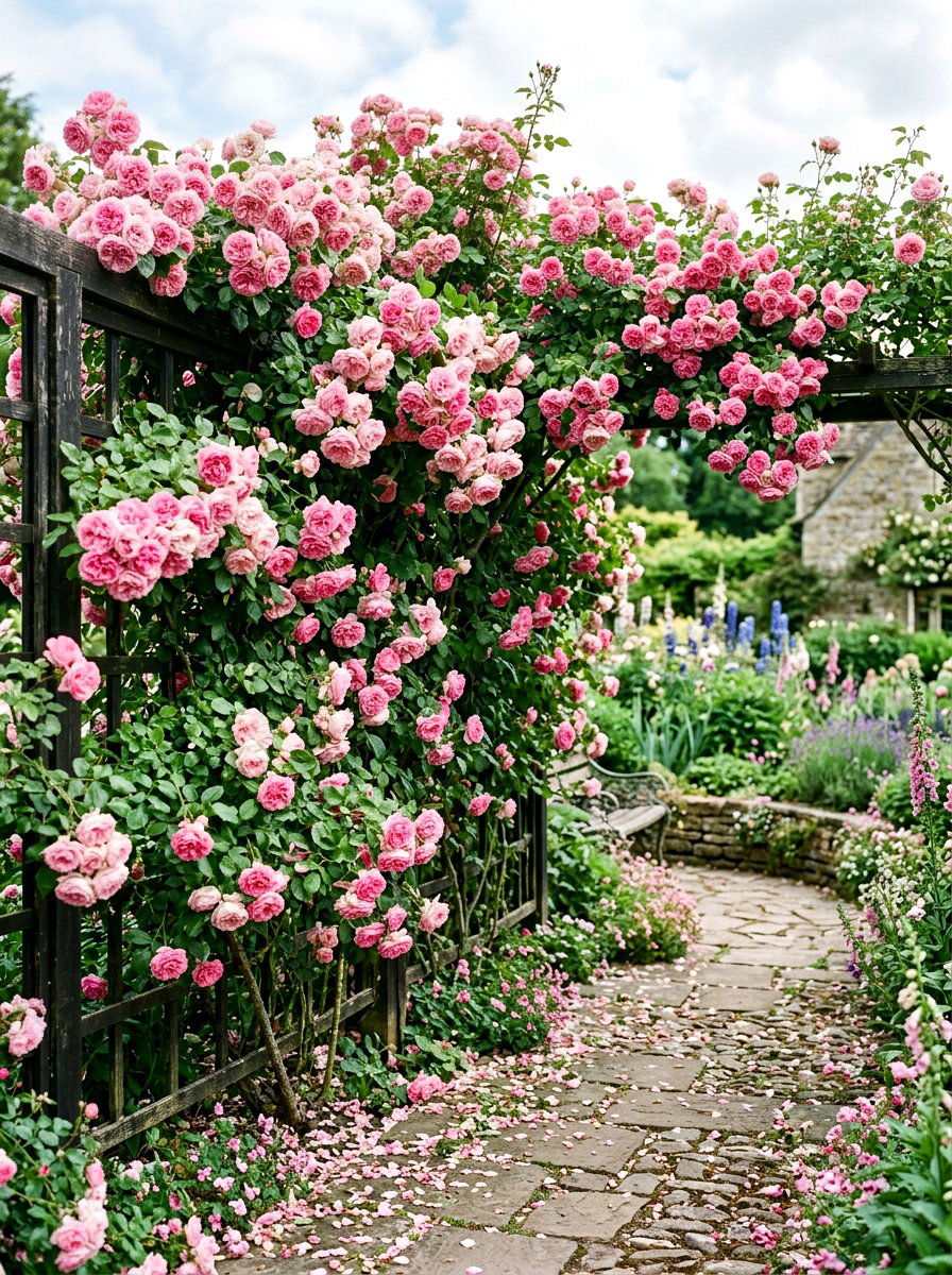 Climbing Rose Romantic Fence - 30 fence line flower bed ideas