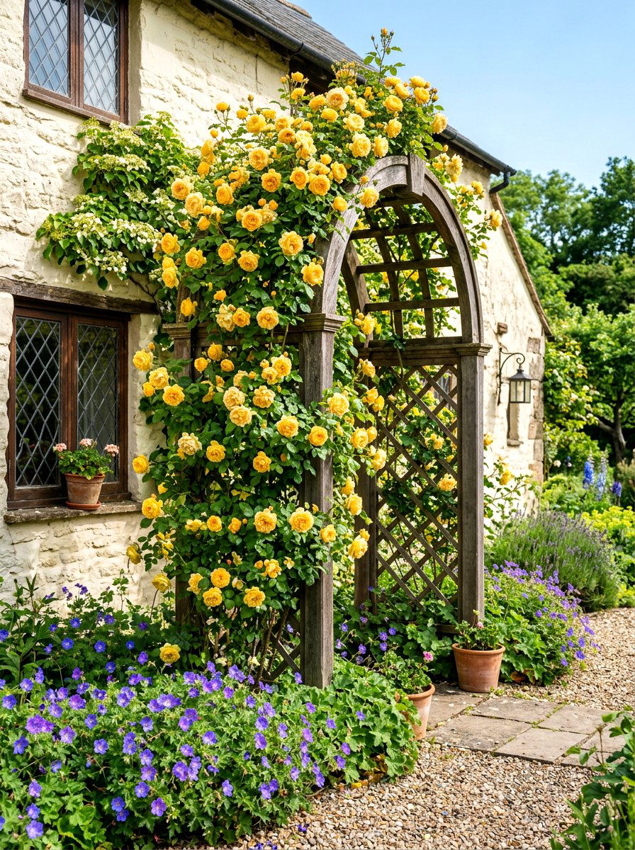 Climbing Rose Trellis - 30 cottage front border ideas