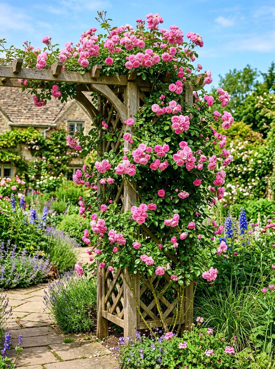 Climbing Rose Trellis - 30 cottage landscaping ideas