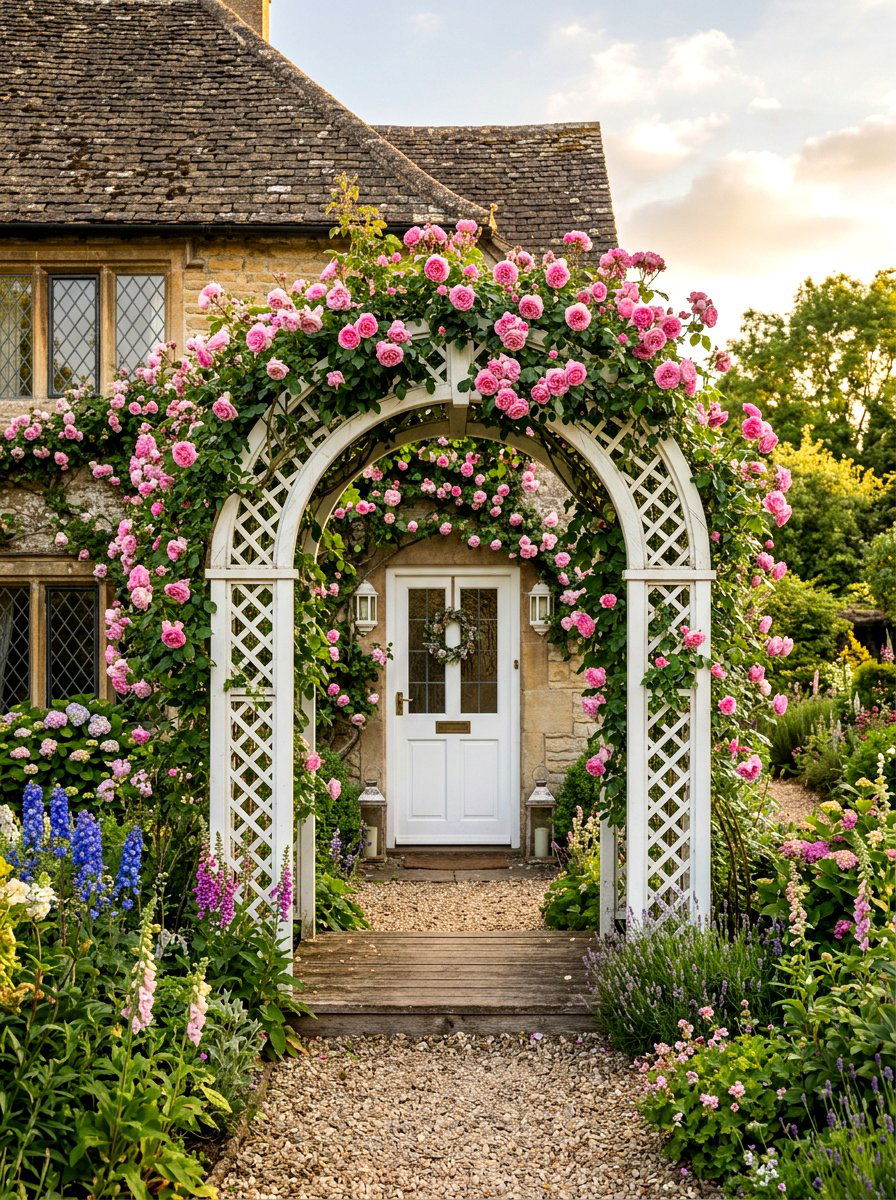 Climbing Rose Trellis Entryway - 30 cottage stoop ideas