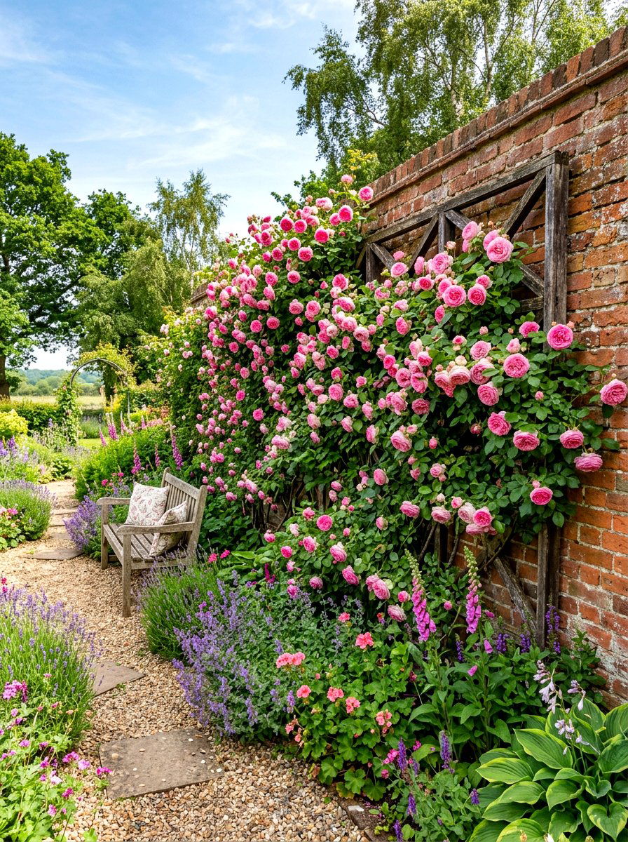 Climbing Rose Wall Border - 30 cottage border backyard ideas