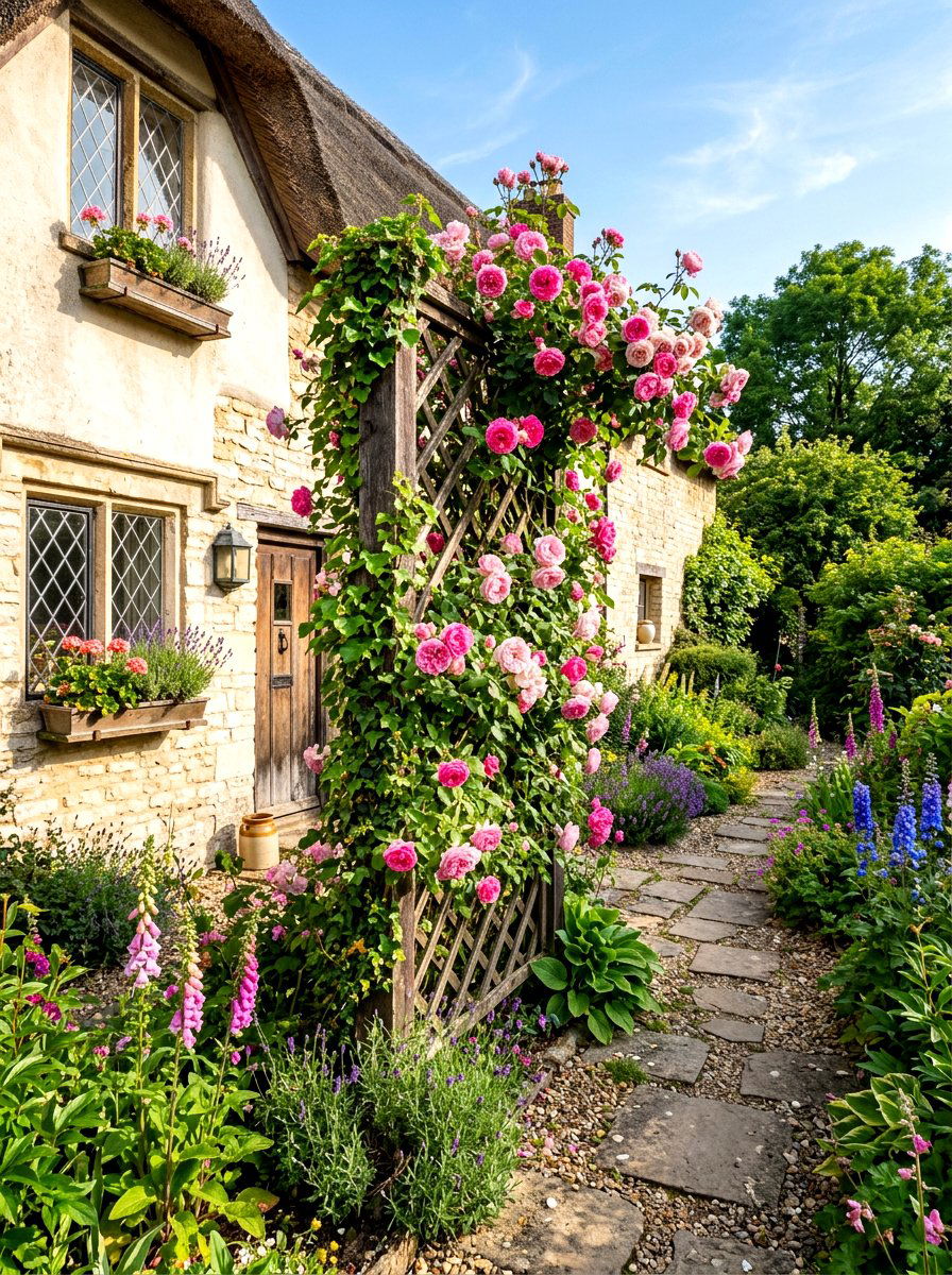 Climbing Roses Trellis - 30 cottage backyard ideas