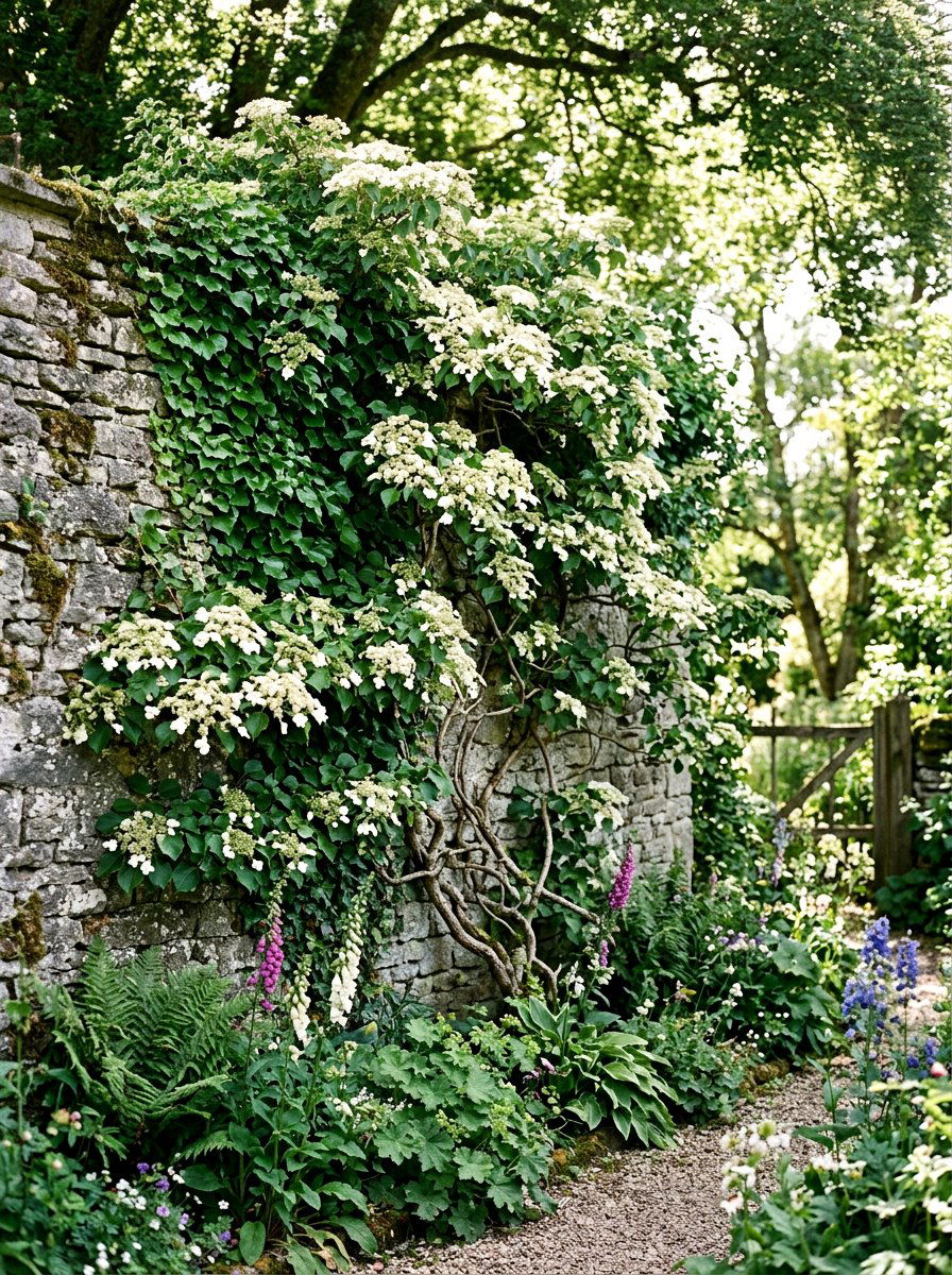 Climbing hydrangea and ivy stone wall - 30 evergreen and hydrangea landscape ideas