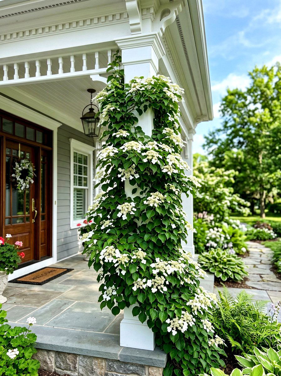 Climbing hydrangea front porch pillar - 30 hydrangea heavy front porch ideas
