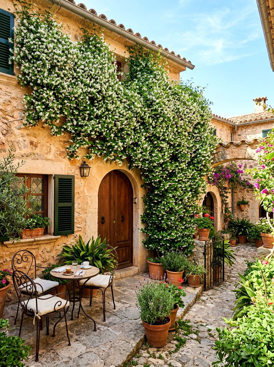 Climbing jasmine courtyard - 30 Mediterranean front courtyard ideas