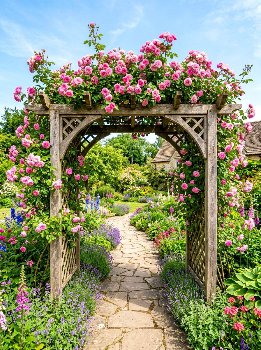 Climbing rose trellis arch - 30 long narrow backyard ideas