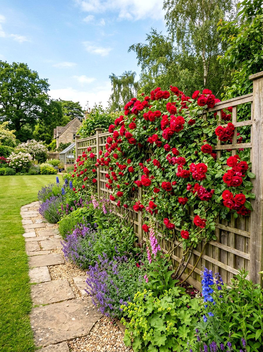 Climbing rose trellis border - 30 border planting ideas along fence