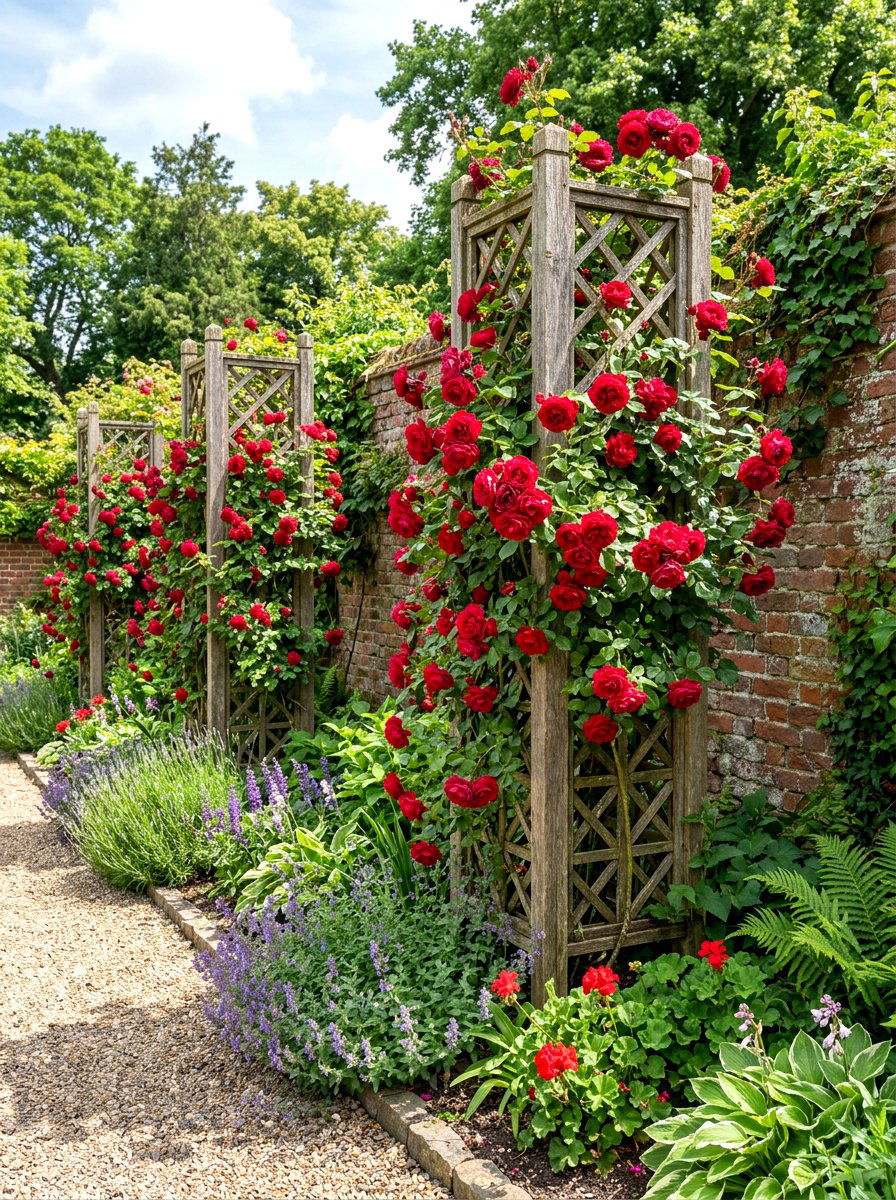 Climbing rose trellis garden - 30 cottage rose border landscaping ideas