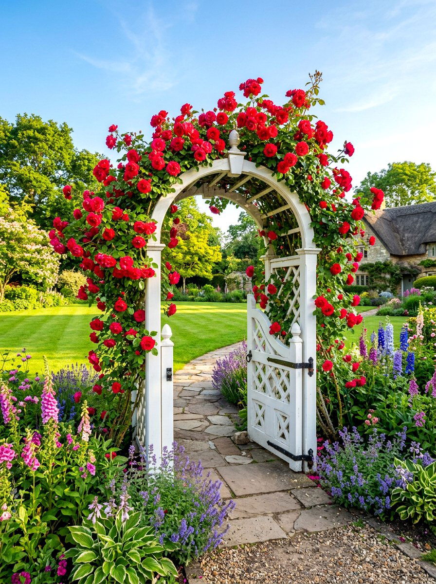 Climbing rose trellis gate - 30 cottage gate curb appeal ideas
