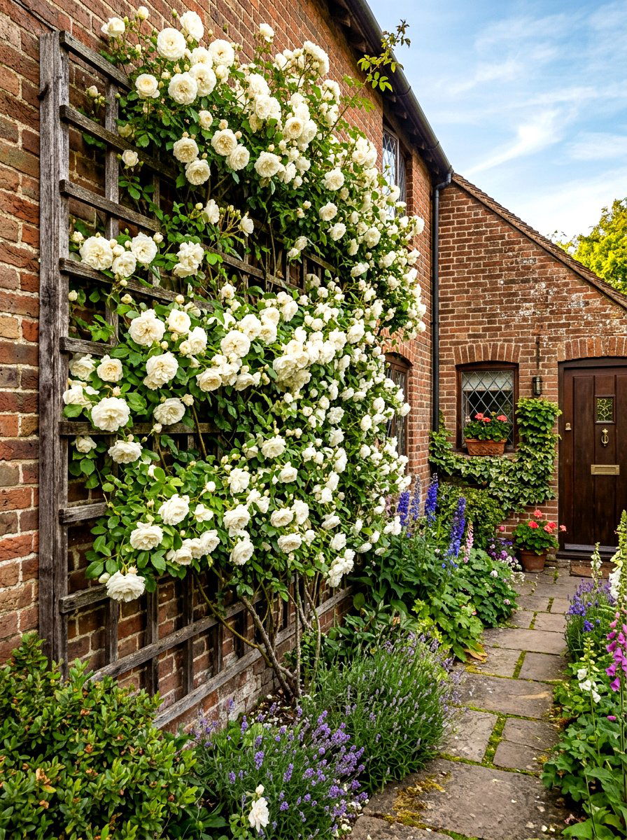 Climbing rose trellis wall - 30 cottagecore garden ideas