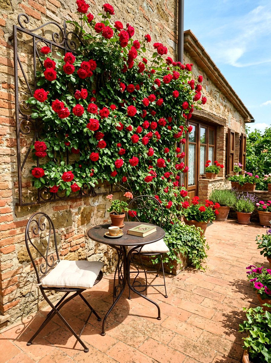 Climbing rose trellis - 30 apartment patio privacy ideas