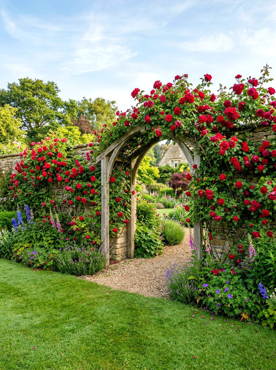 Climbing rose wall - 30 walled garden backyard ideas