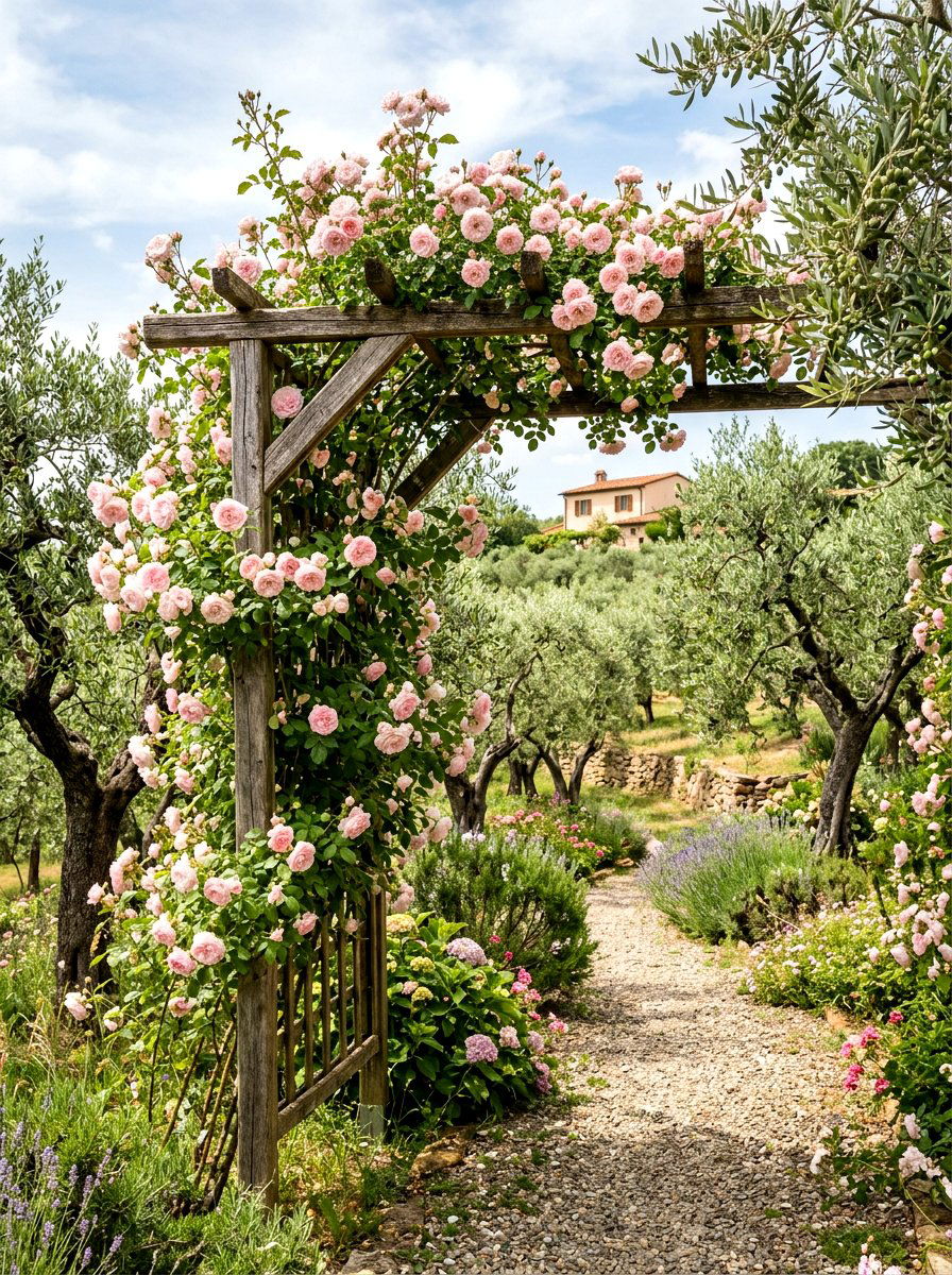 Climbing roses and olive trees - 30 olive grove backyard ideas