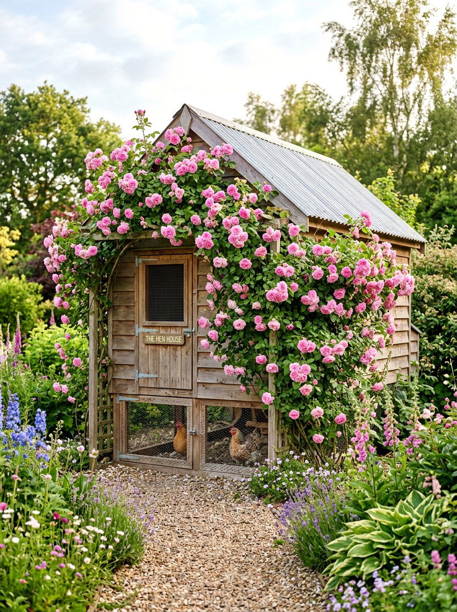 Climbing roses on chicken coop - 30 backyard coop garden ideas