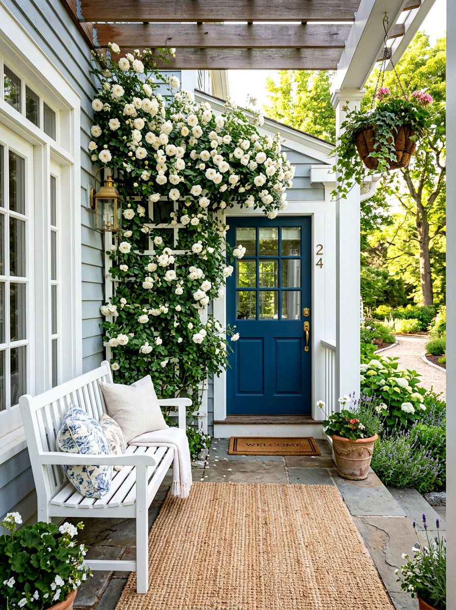 Climbing white rose trellis - 30 Nancy Meyers front porch ideas