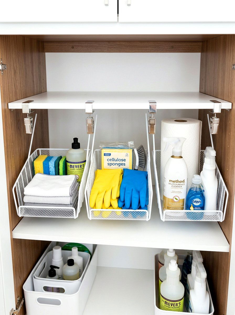 Clip on baskets for shelf edges - 30 organizing under sink storage ideas