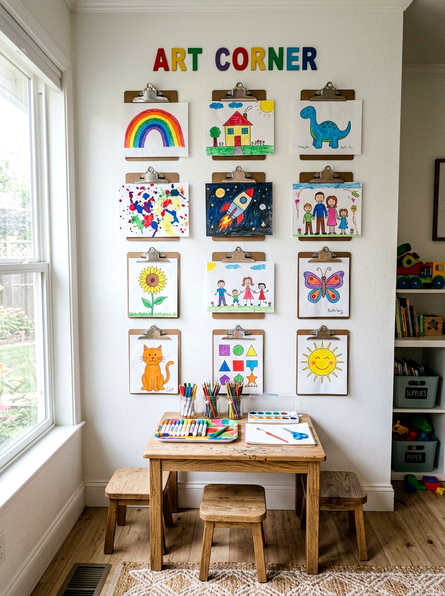 Clipboard art display - 30 art wall kids room ideas