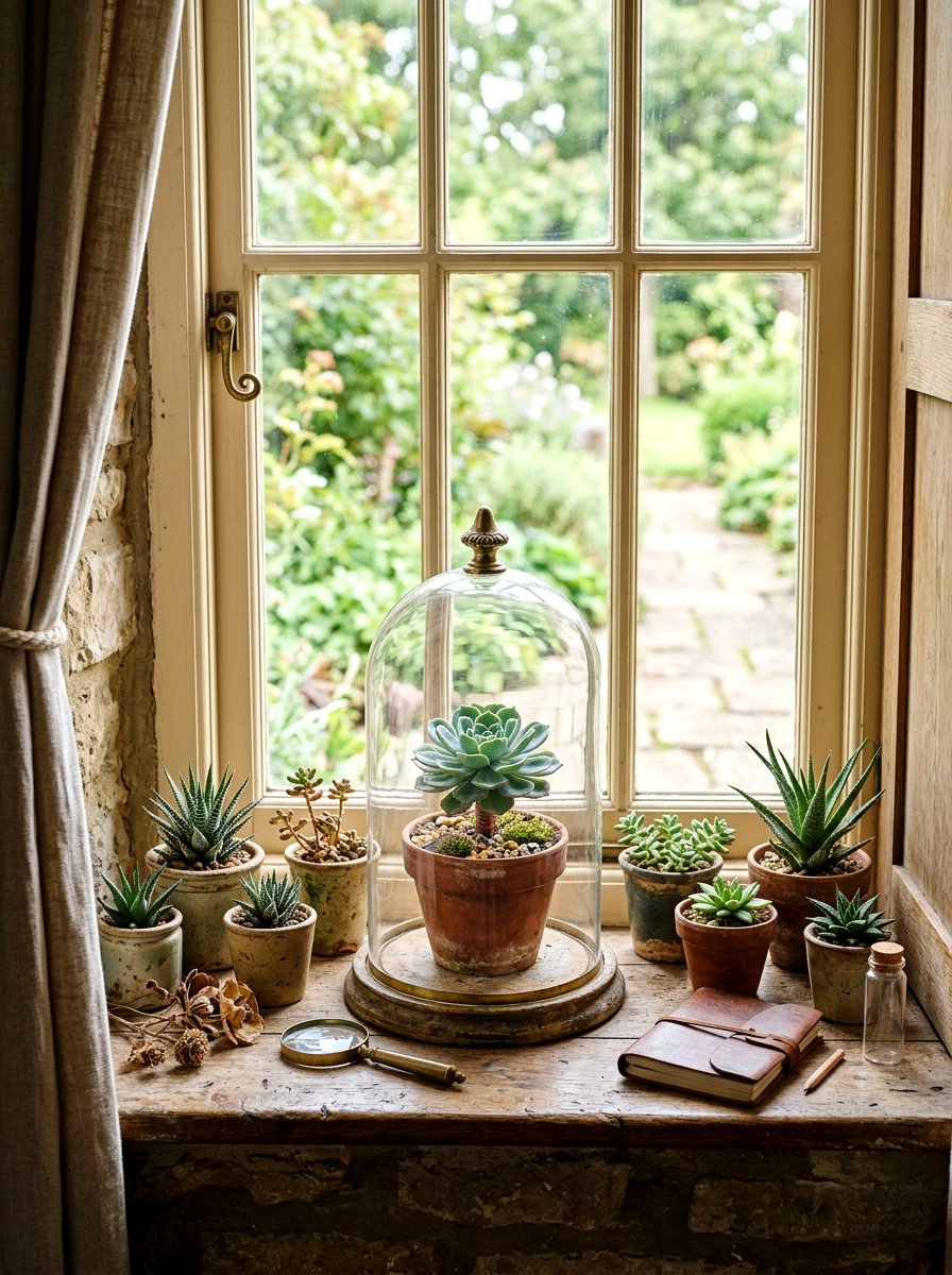 Cloche glass display - 30 succulent windowsill ideas
