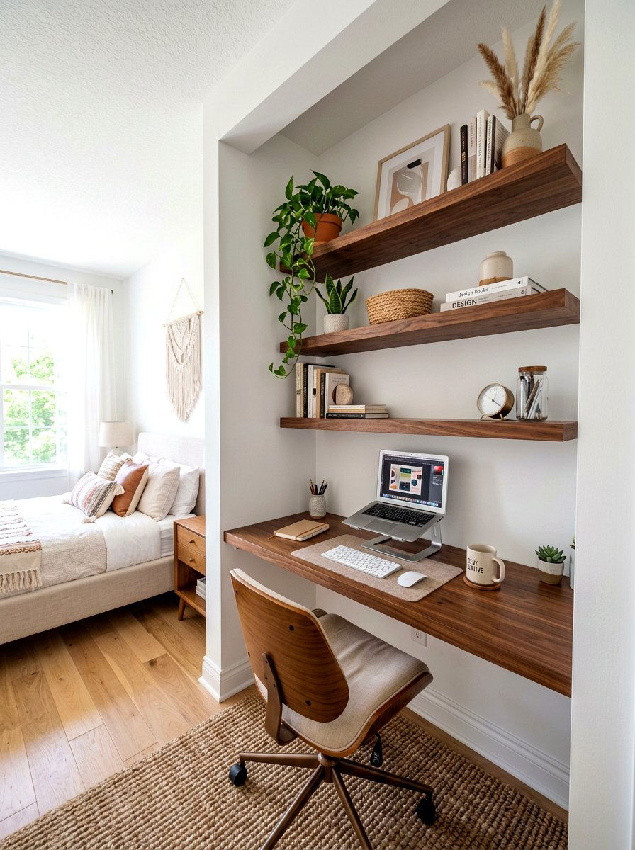 Cloffice With Floating Shelves - 30 cloffice apartment ideas