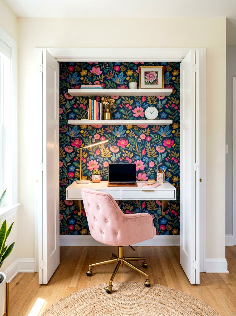 Closet Office With Wallpaper - 30 cloffice ideas