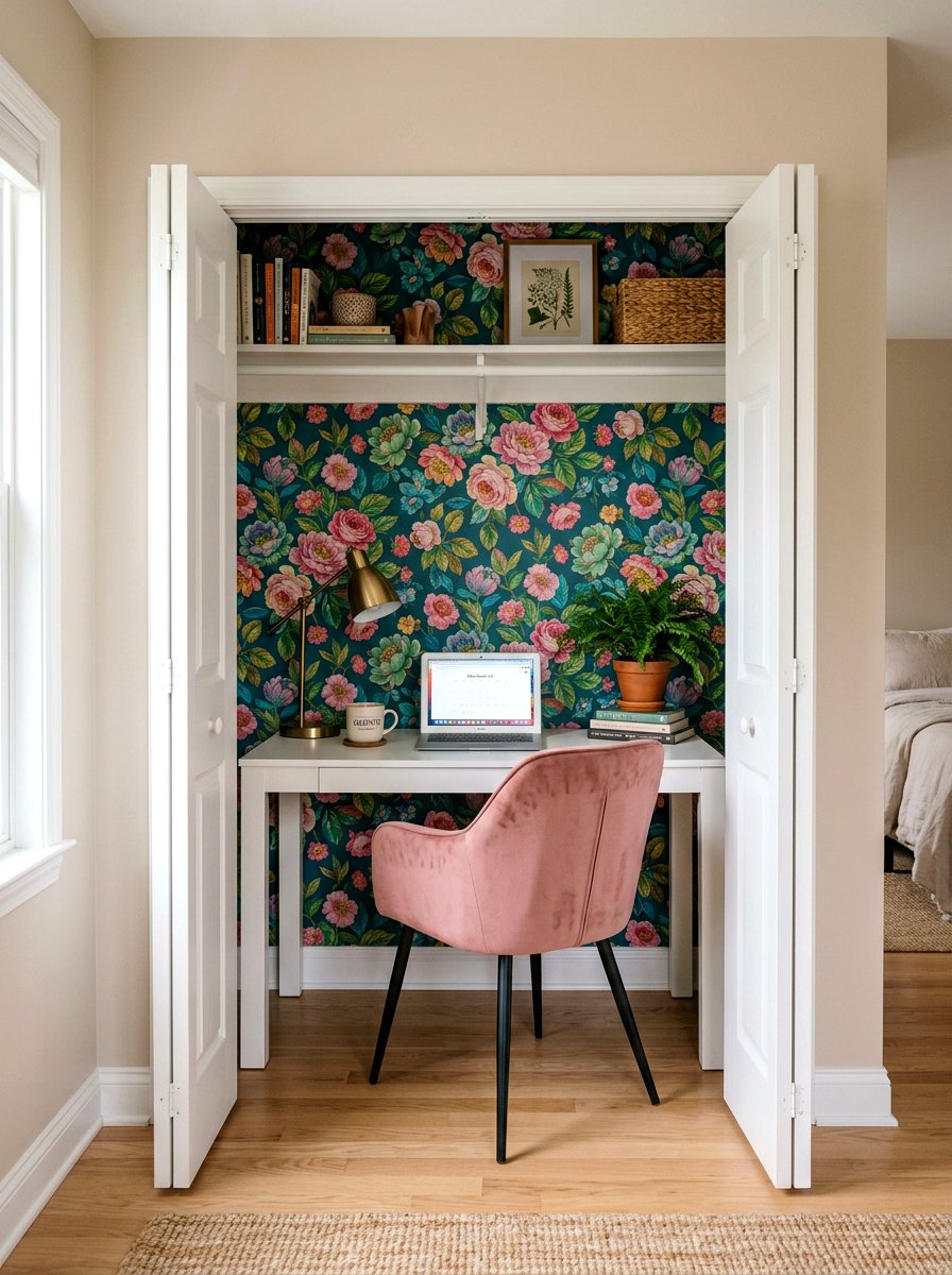 Closet office with wallpaper - 30 closet office ideas