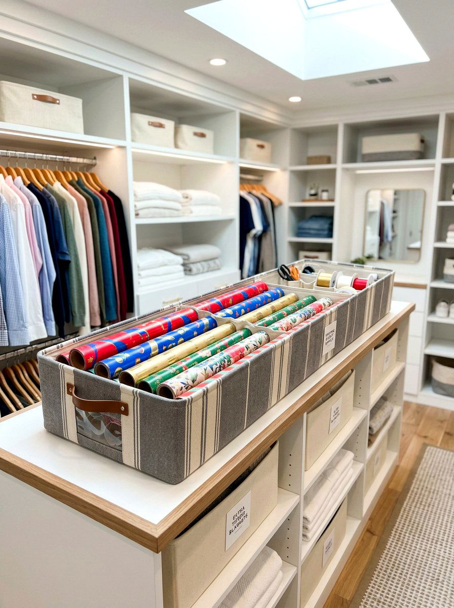 Closet shelf wrapping paper bin - 30 wrapping paper storage ideas
