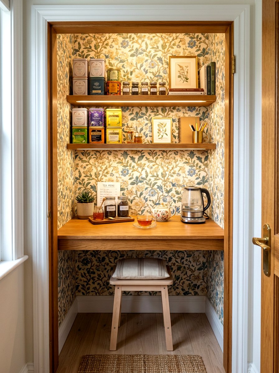 Closet tea corner - 30 tea and journaling corner ideas