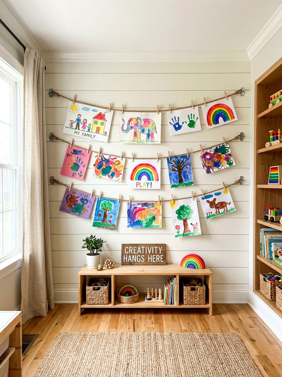 Clothesline Art Display - 30 kids art display ideas