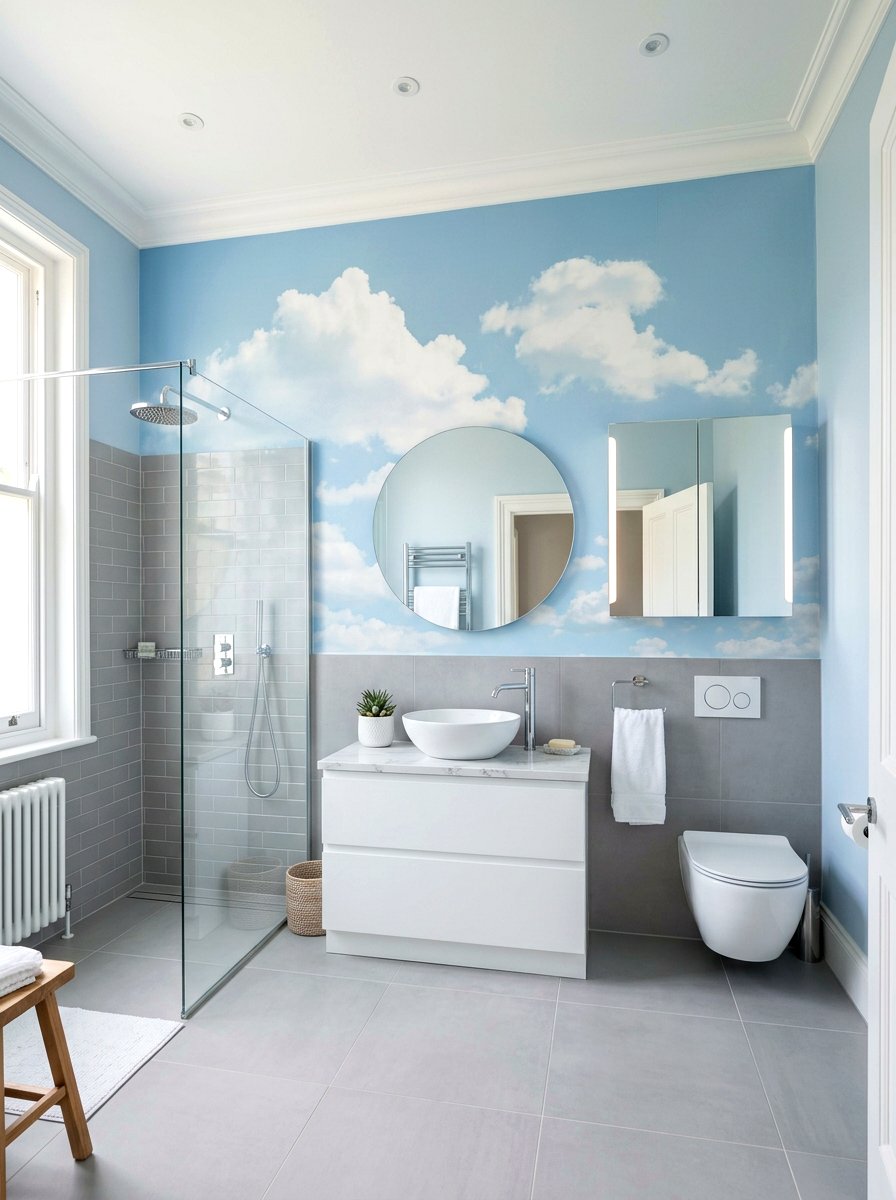 Cloud pattern bathroom wall mural - 30 mural bathroom ideas