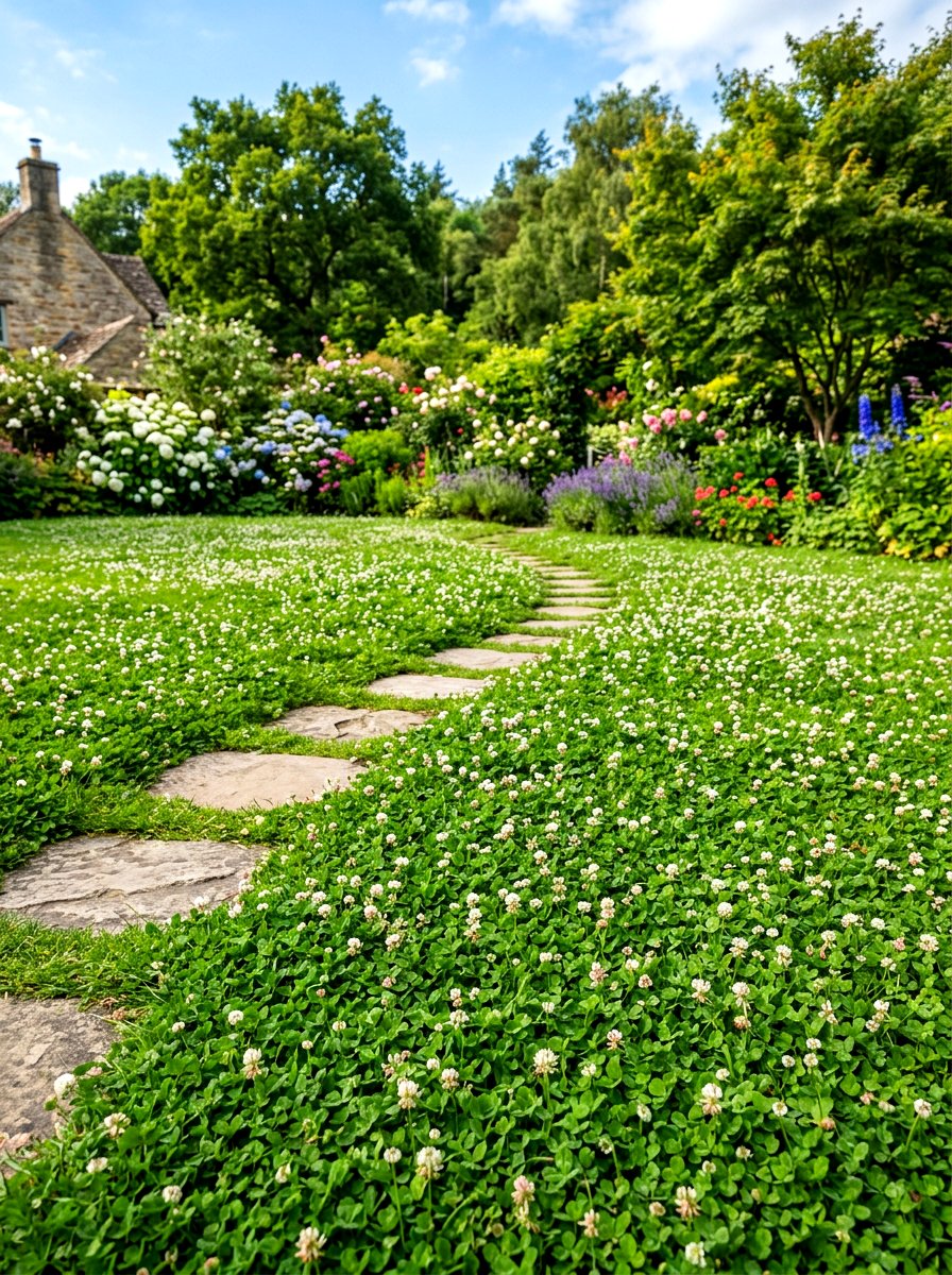 Clover Lawn - 30 low maintenance backyard landscaping ideas