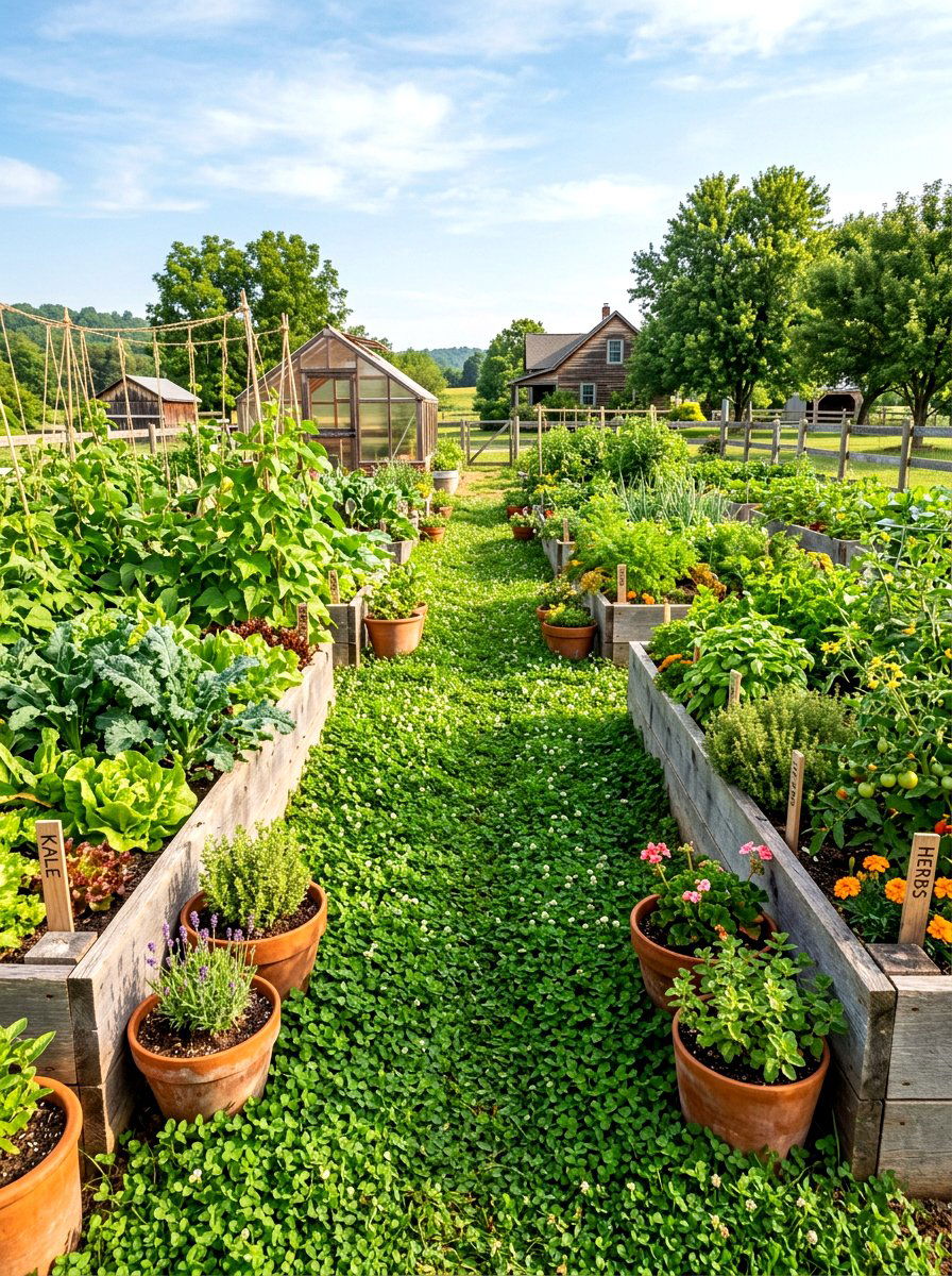 Clover Path Between Garden Beds - 30 clover backyard ideas
