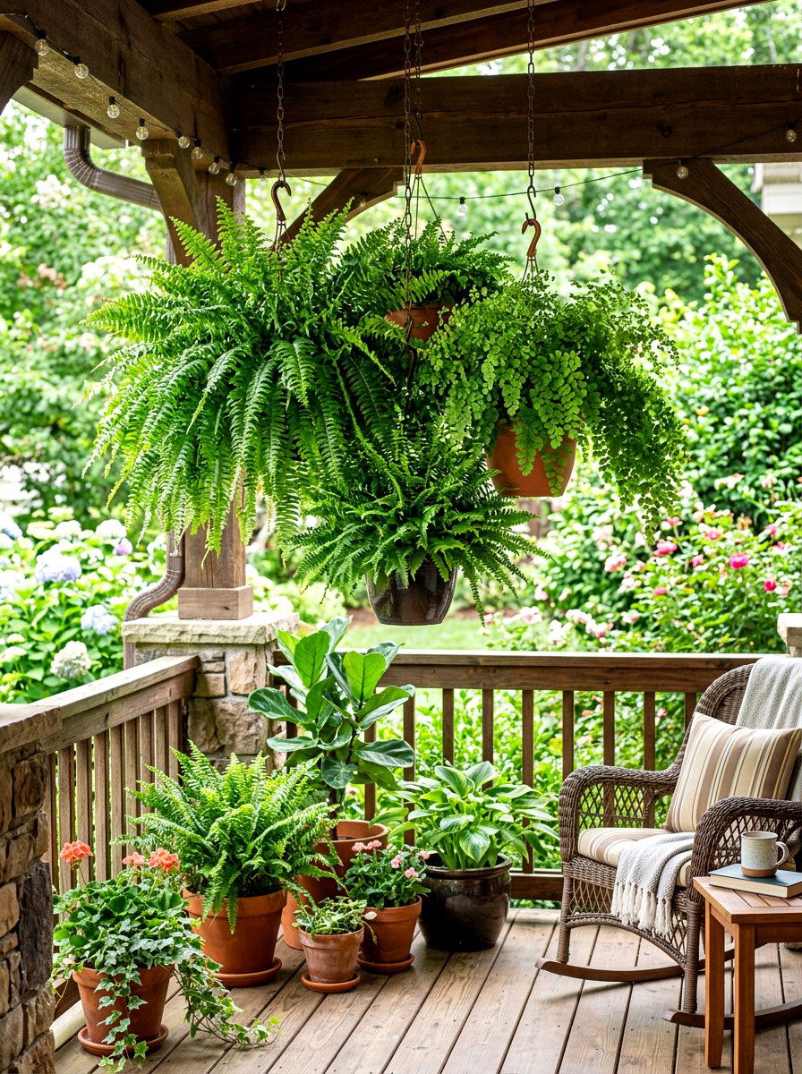 Clustered Hanging Fern Porch - 30 hanging fern porch ideas