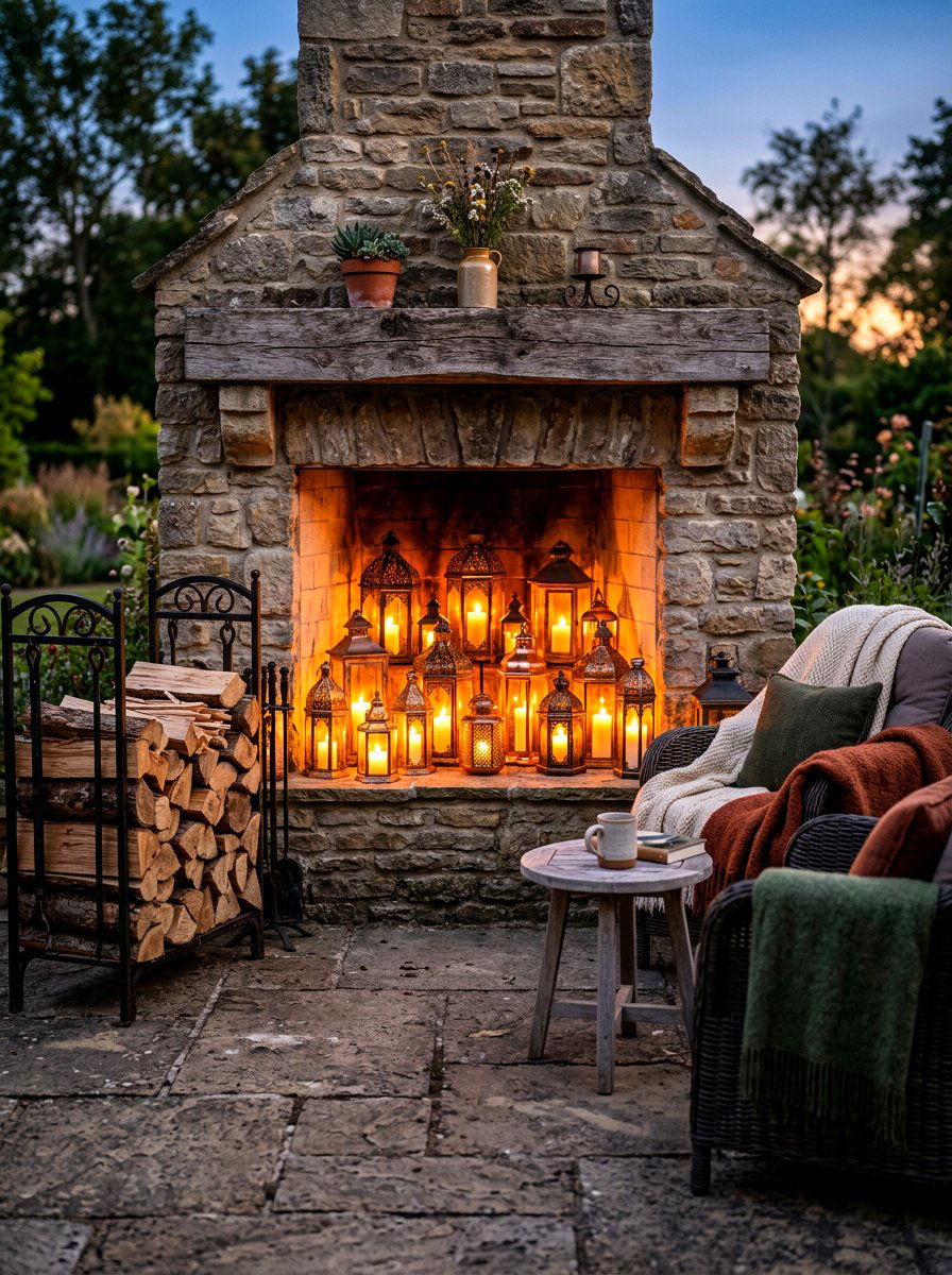 Clustered lanterns in empty fireplace - 30 candle lantern patio styling ideas