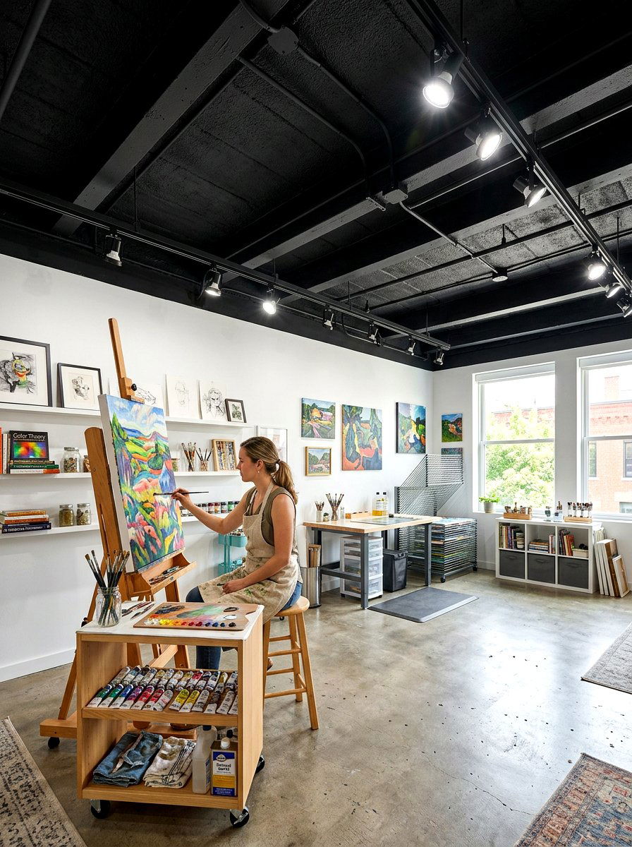 Coal black art studio ceiling - 30 moody ceiling paint ideas