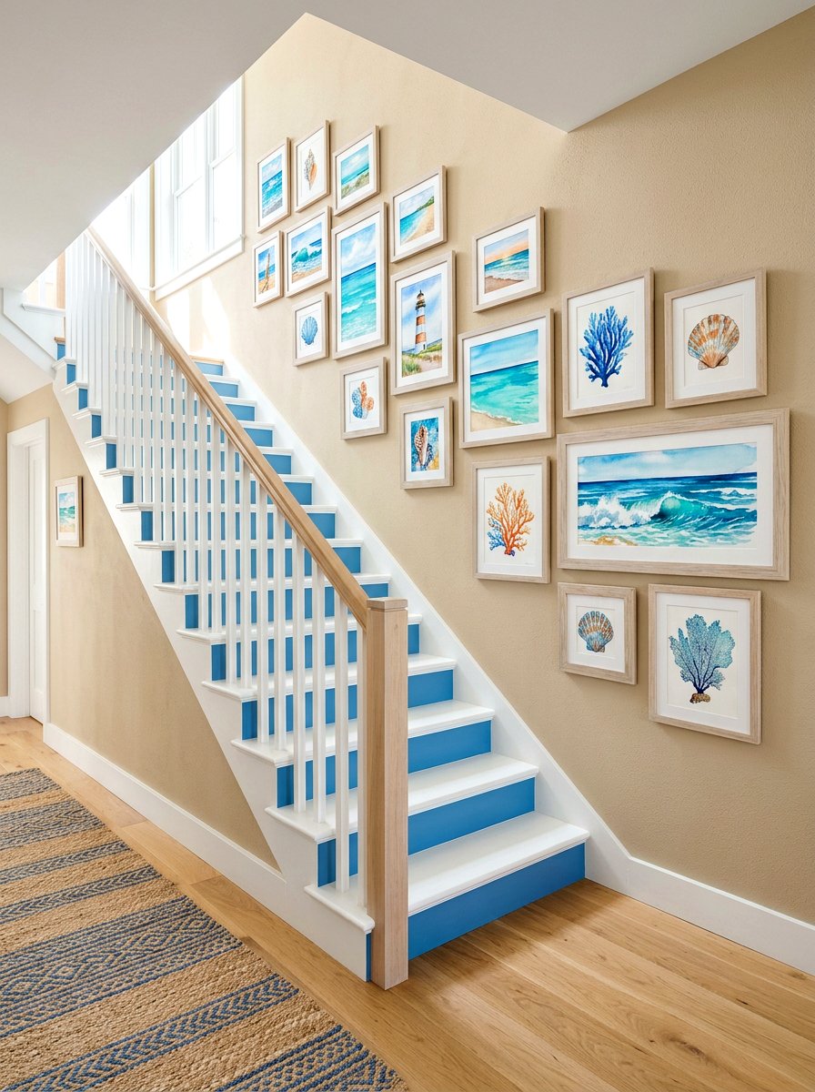 Coastal Art Staircase - 30 stair gallery wall ideas