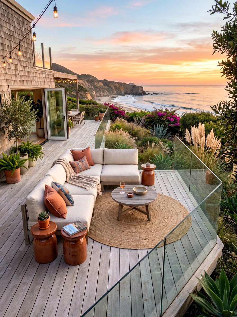 Coastal Backyard Deck - 30 terracotta and cream patio ideas